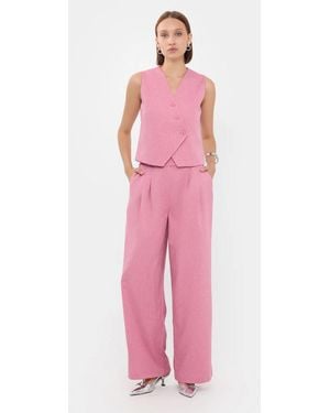 Hiccup Asymmetric Buttoned V-Neck Waistcoat And Pleated Trousers Coords Set - Pink