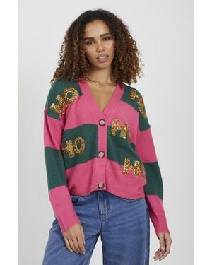 Brave Soul Striped Sequin Appliqué Christmas Cardigan - Red