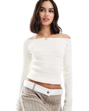 ASOS Knitted Off The Shoulder Bardot Top With Stitch Detail - White