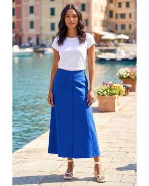 Roman Linen Button Pencil Midi Skirt - Blue
