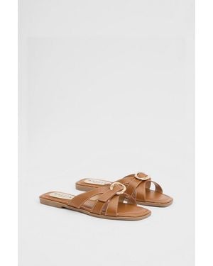 Wallis Becky Faux Leather Cross Strap Metal Detail Flat Sliders - Natural