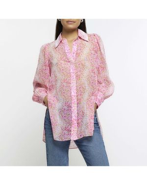 River Island Shirt Pink Floral Chiffon Longline
