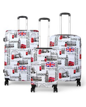 Infinity Leather Expandable Hard Shell London Print 8 Wheels Travel Luggage Cabin Suitcase Set - Red