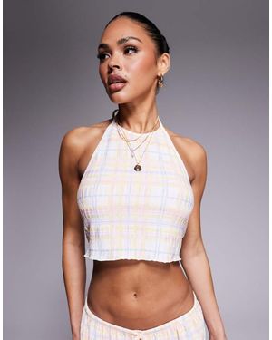 Kaiia Exclusive Halterneck Open Back Textured Crop Top Co-Ord - White
