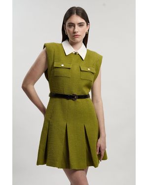 Karen Millen Textured Tweed Contrast Collar Pleated Tailored Mini Dress - Green