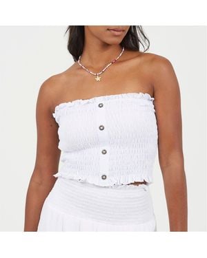 Brave Soul Shirred Button Through Boob Tube - White