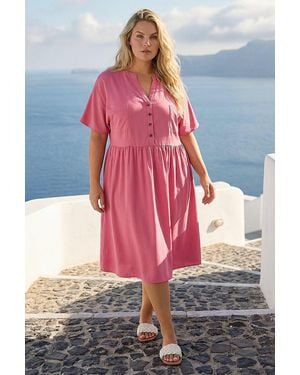 Roman Curve Button Detail Shirt Dress - Pink