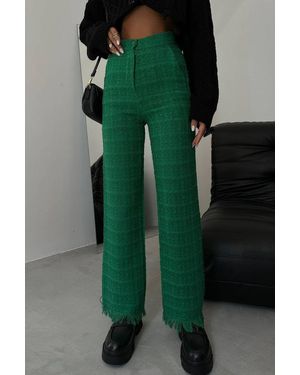 Hiccup Tweed High Waist Straight Leg Trousers With A Tassel Hem - Green