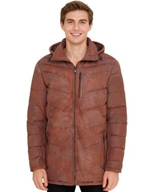 Infinity Leather Quilted Jacket Detachable Hood Puffer Winter Coat - Brown