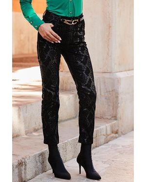 Sosandar Textured Animal Print Coated Slim Leg Jeans Cotton - Black