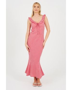 Brave Soul Gingham Sleeveless Ruffle Neck Maxi Dress - Pink