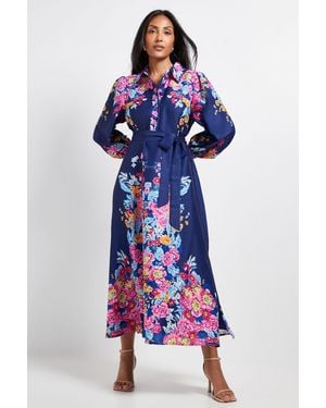 Wallis Petite Floral Western Belted Midi Shirt Dress - Blue