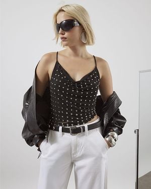 River Island Cami Top Sleeveless Studded Cowl Neck - Black