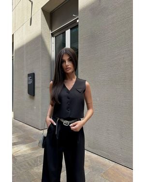 Hiccup 2 Pieces: V Neck Pocket Buttoned Waistcoat & High Waist Wide Leg Trousers - Grey