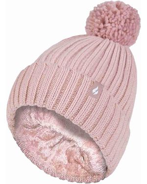 Heat Holders Ladies Ribbed Cuffed Thermal Insulated Winter Pom Pom Bobble Hat - Pink
