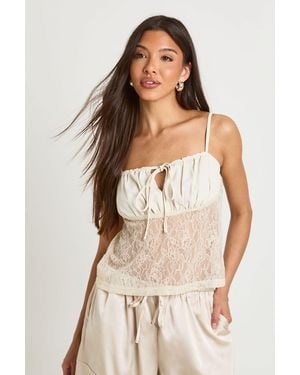 Boohoo Tie Front Lace Cami Top - Natural