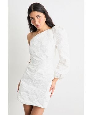 Warehouse Hen Jacquard Puff Sleeve One Shoulder Mini Dress - White
