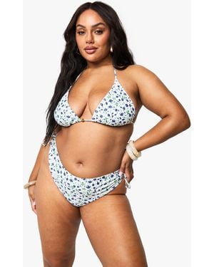Boohoo Plus Ditsy Floral Beaded Asymmetric Tie Side Bikini Brief - Purple
