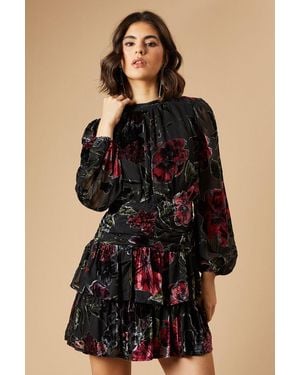 Oasis Devore Tiered Blouson Sleeve Mini Dress - Black
