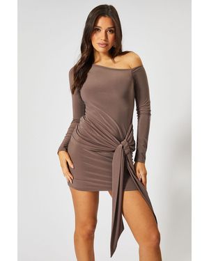 MissPap Drop Shoulder Tie Drape Mini Dress - Brown