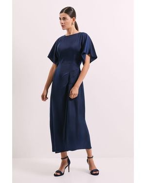 PRINCIPLES Flutter Sleeve Pleat Detail Satin Midi Dress - Blue