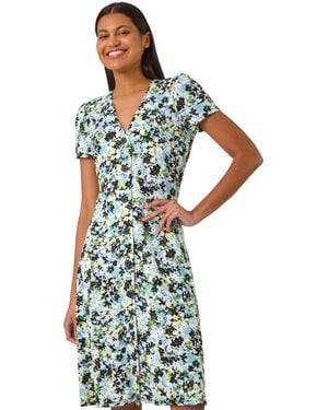 Roman Floral Print Button Through Stretch Dress - Blue