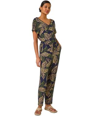 Roman Leaf Print V-Neck Jumpsuit - Blue
