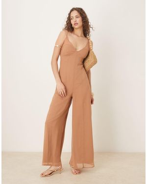 ASOS V Neck Sheer Panel Chiffon Jumpsuit - Natural