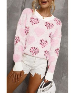 Azura Exchange Fuzzy Leopard Print Knit Jumper With Pearl Embellishments - Pink