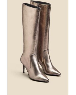 Sosandar Pewter Leather Stiletto Heel Knee High Boots - Natural