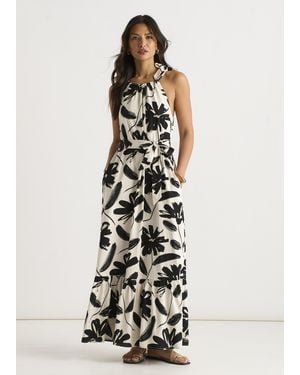 Gini London Mono Stencil Linen Mix Belted Trapeze Dress - White
