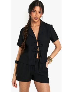 Boohoo Linen Look Crop Shirt - Black