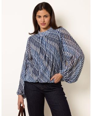 Blue Vanilla Printed High Neck Puffball Blouse - Blue