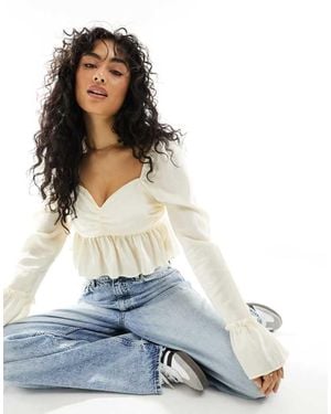 Pimkie Sweetheart Frill Detail Cropped Blouse With Wide Cuff - White