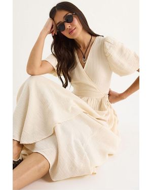 Bianco Lucci Textured V-Neck Midi Dress With Wrap Closure - Natural