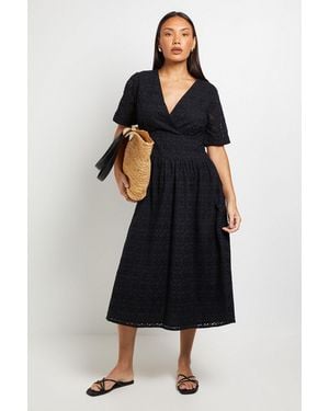 PRINCIPLES Mono Dropped Waist Broderie Midi Dress - Black