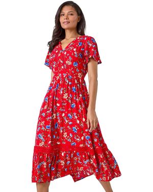 Roman Floral Lace Trim Pocket Midi Dress - Red