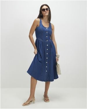 River Island Midi Dress Denim Button Front Cotton - Blue