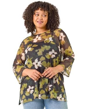 Roman Curve Floral Print Mesh Top - Grey
