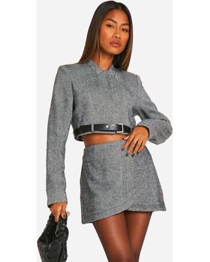 Boohoo Herringbone Belt Detail Cropped Blazer - Grey