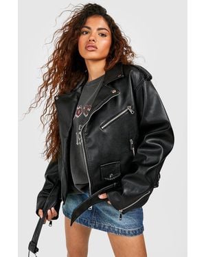 Boohoo Petite Faux Leather Oversized Biker Jacket - Black