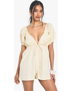 Boohoo Cotton Poplin Puff Sleeve Playsuit - White