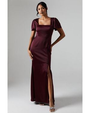 Debut London By Coast Angel Sleeve Square Neckline Satin Bridesmaids Maxi Dress - Red