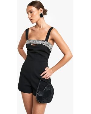 Boohoo Diamante Hand Embellished Playsuit - Black