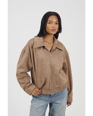 Brave Soul Faux Suede Bomber Jacket - Natural