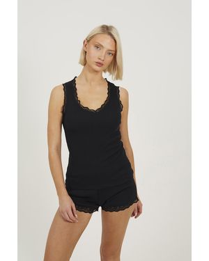 Brave Soul Lace Trim Vest And Short Pyjama Set - Black