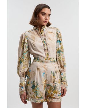 Karen Millen Voile Floral Border Print Woven Playsuit With Ladder Lace Trim - Natural