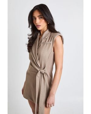 Boohoo Linen Look Tie Waist Sleeveless Blazer Dress - Grey