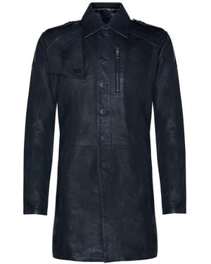 Infinity Leather Zachte Lange Militaire Trenchcoat Van Noodlijdend Leer - Blauw