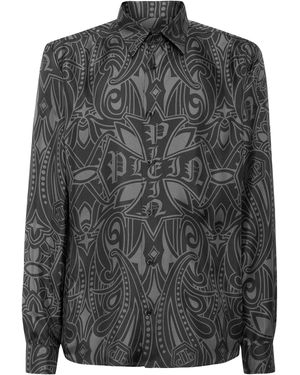 Philipp Plein Printed Silk Shirt Gothic Plein - Grijs